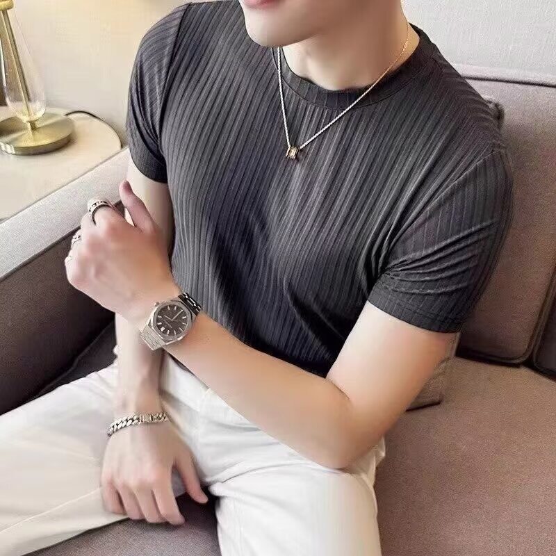 紧身薄款针织衫男装修身圆领弹力潮流上衣螺纹短袖t恤男款短袖t恤