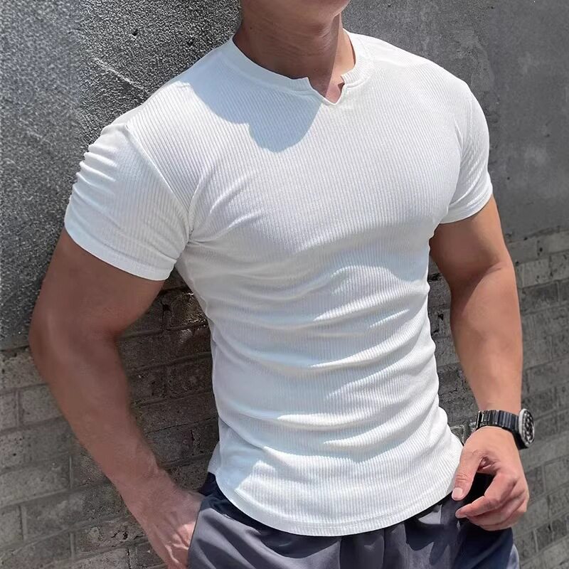 螺纹运动V领短袖质感纯色条纹修身弹力速干跑步健身服T恤背心男款