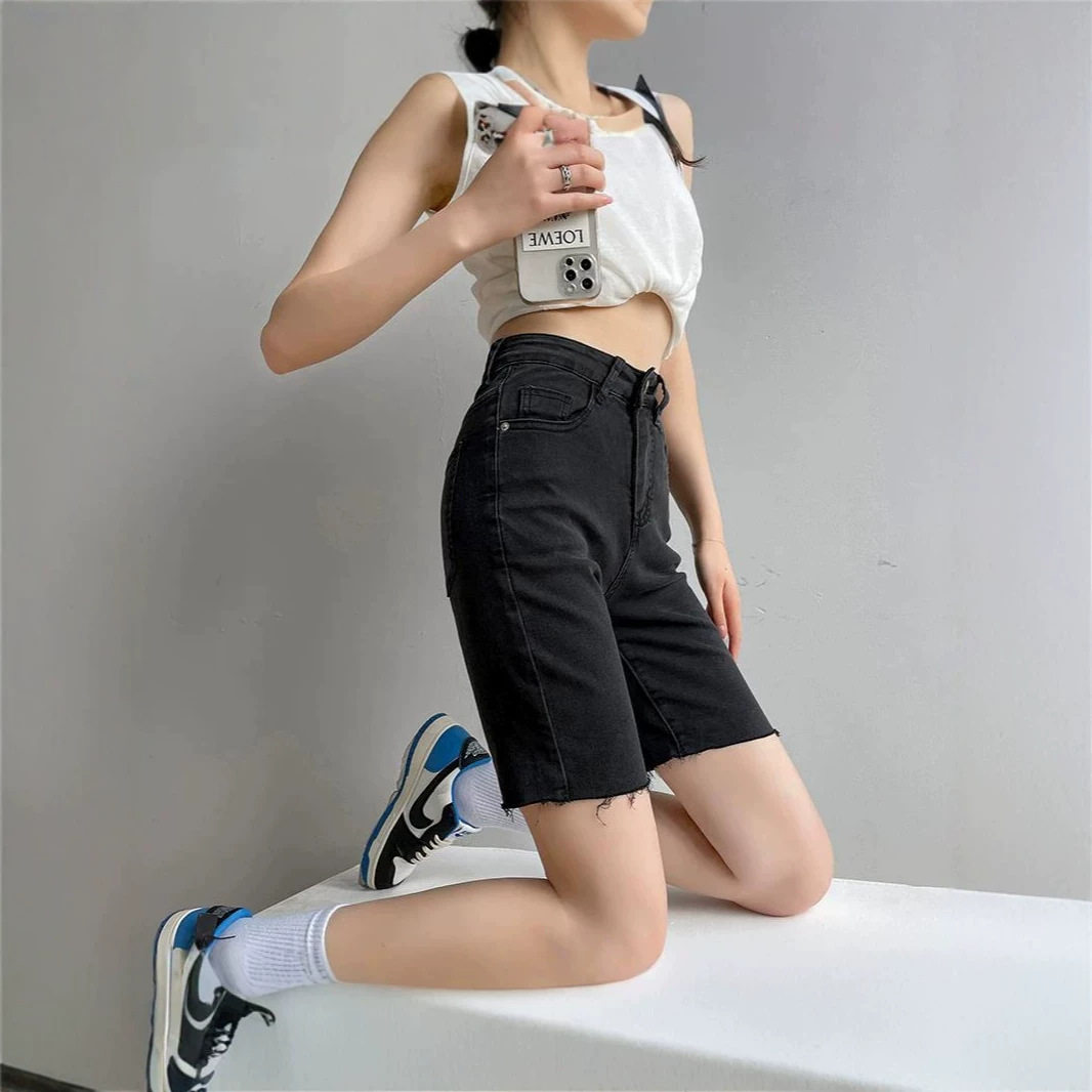 黑色牛仔短裤女高腰2026夏季款五分显瘦毛边直筒中裤小个子五分裤