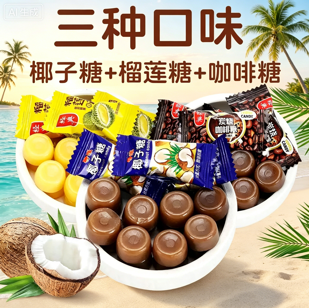 椰子糖网红爆款水果味硬糖办公室休闲解馋榴莲味零食小吃整箱批发