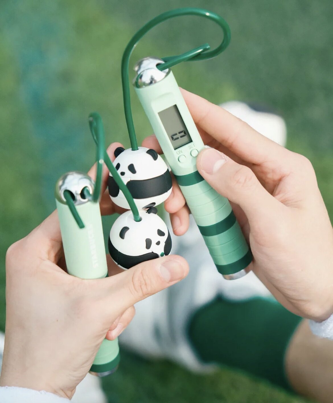 星巴克电子计数户外运动跳绳便携经典绿可爱熊猫造型有绳无绳切换