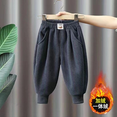男童加绒裤子初冬款24新款宝宝宽松休闲灯笼裤小童灯芯绒束脚裤潮