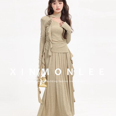 高级感黑色韩系连衣裙子女秋冬2025新款气质长裙早秋穿搭一整套装