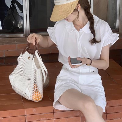 小飞袖白色衬衫女夏季短袖娃娃领小个子大码泡泡袖短款衬衣上衣