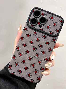 冬款红色手绘爱心适用苹果17promaxs手机壳iPhone15pro简约羊巴皮新款适用于苹果17promax手机壳iphone16巨好