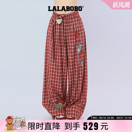 【复古拼豆】LALABOBO26年秋新款直筒裤玩偶熊复古格纹印花休闲裤