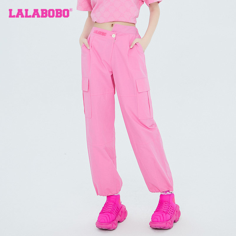 LALABOBO2024春秋新款直筒工装裤女高腰休闲粉色显瘦小个子阔腿裤