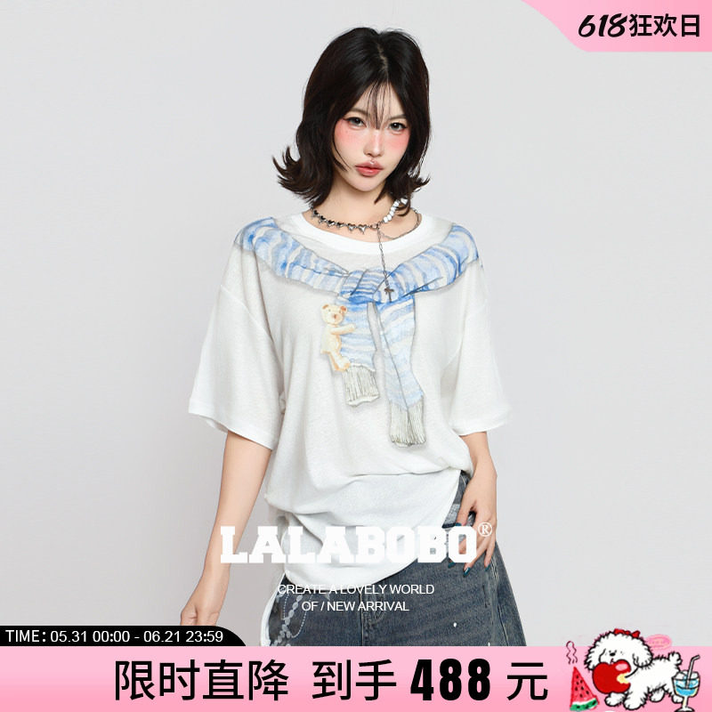 【视错系列】LALABOBO26年夏新款短袖3D小熊印花宽松慵懒凉感T恤