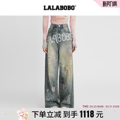 美式 直筒长裤 LALABOBO25年秋新款 做旧印花宽松牛仔裤 商场同款