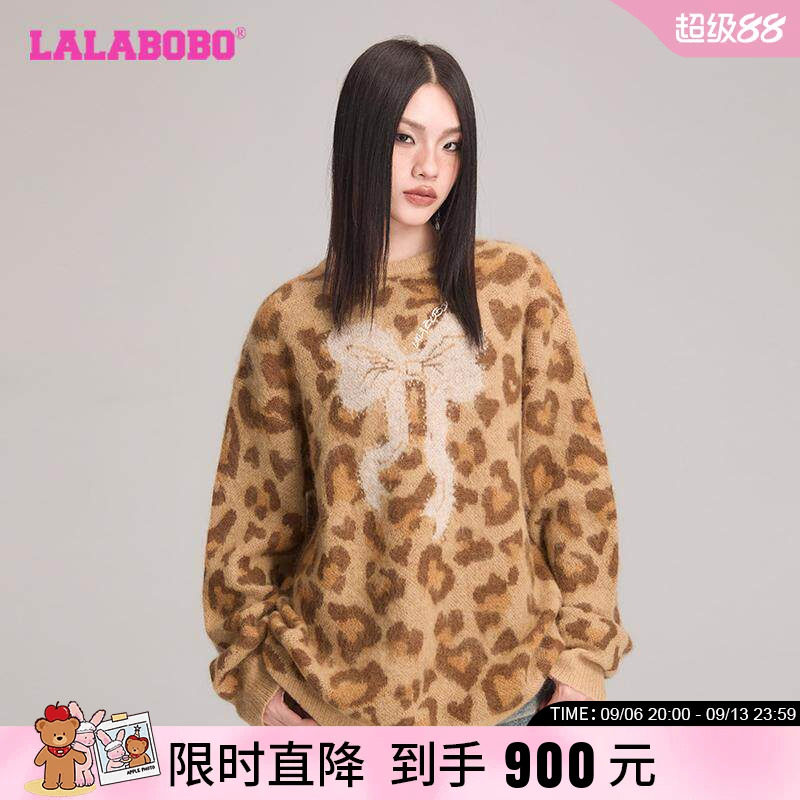 LALABOBO豹纹蝴蝶结圆领长袖毛衣