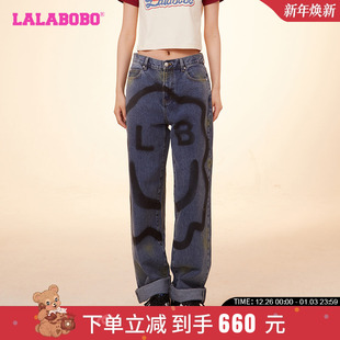 LBDA LALABOBO24春季 女 简约高腰直筒手绘笑脸牛仔裤 WXZC42 新款