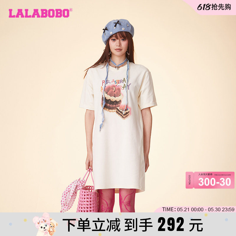 LALABOBO24夏季新品圆领套头蛋糕图案长款T恤连衣裙|CBDB-WLZY11