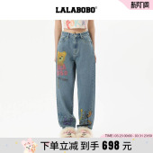 商场同款 直筒小熊印花裤 LALABOBO25年春季 女原创新款 子 牛仔裤