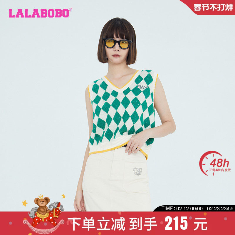LALABOBO24春夏新品款美式可爱V领毛衣针织背心衫女|LBCC-WSTM11