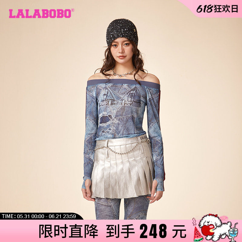 王美妍同款LALABOBO春休闲废土风网纱一字领长袖T恤女LBDA-WSDT16