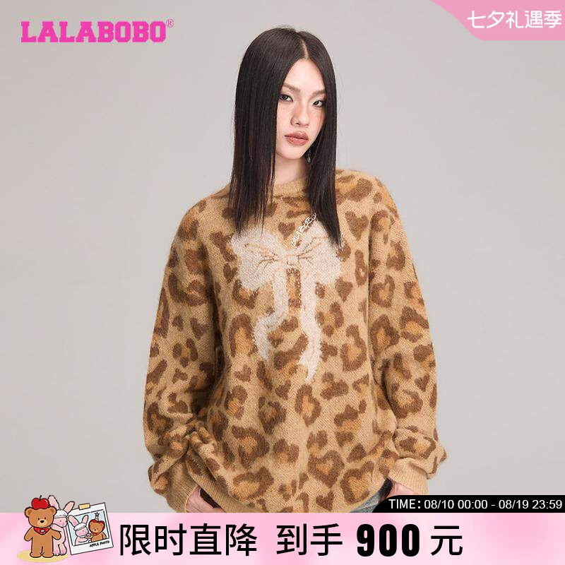 LALABOBO豹纹蝴蝶结圆领长袖毛衣