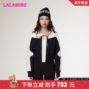 WSJW36 LBCC LALABOBO2024春秋新款 上衣女休闲拼接开襟连帽卫衣女