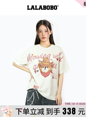 【商场同款】LALABOBO26年春新款短袖女可爱西部小熊印花宽松T恤