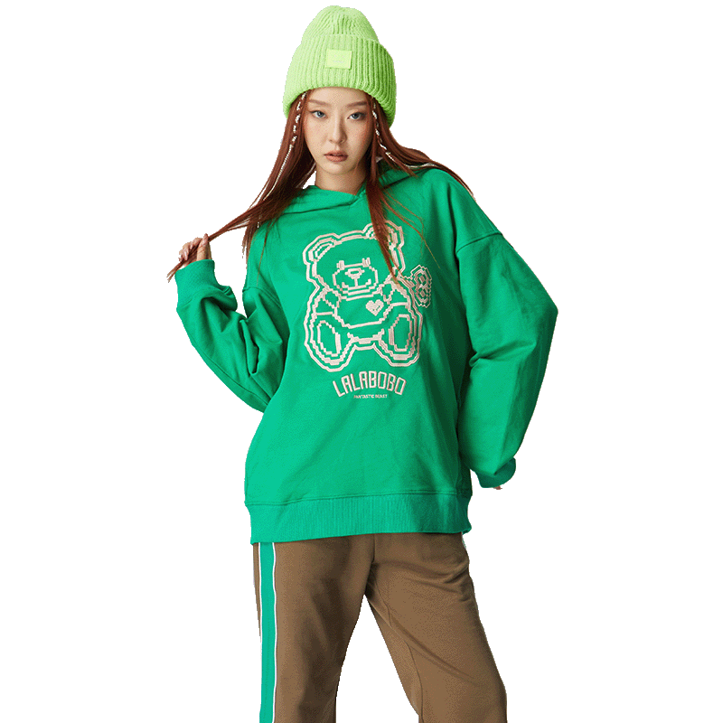LALABOBO24春季新款宽松刺绣小熊落肩连帽卫衣女士|CBCA-WSTS15