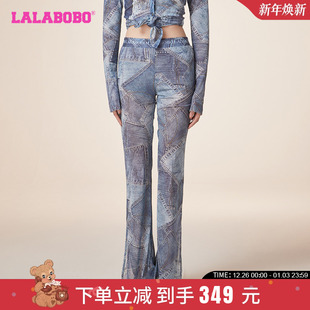 LBDA 复古运动风LALABOBO24春季 女 中腰网纱针织休闲裤 WSDT15 新款