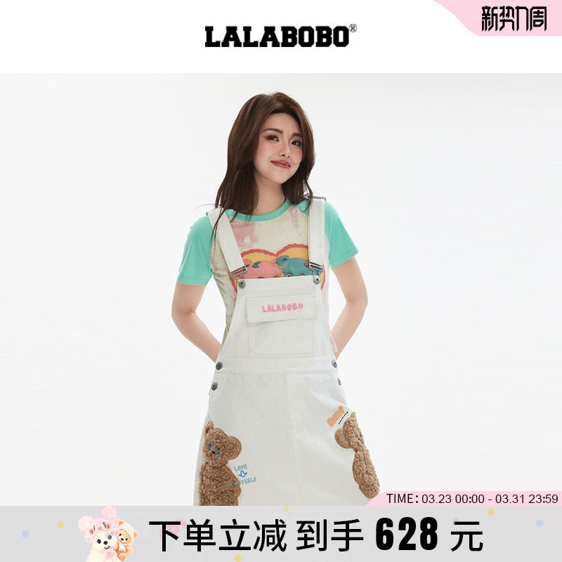 【商场同款】LALABOBO25年夏新款连衣裙女原创潮小熊印花吊带裙子