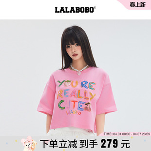 LALABOBO25年T恤夏新款 女原创宽松短款 印花圆领短袖 商场同款