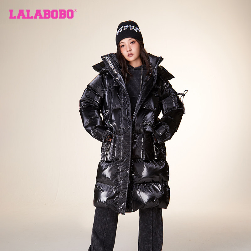 LALABOBO亮面羽绒服女中长款连帽小个子2023新款超好看白鸭绒外套