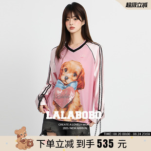 T恤 商场同款 LALABOBO25年秋新款 粉色上衣蕾丝边印花甜美长袖