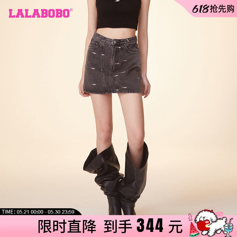 LALABOBO24春季新款A型满印复古风高腰牛仔半裙女士|LBDA-WXZQ15