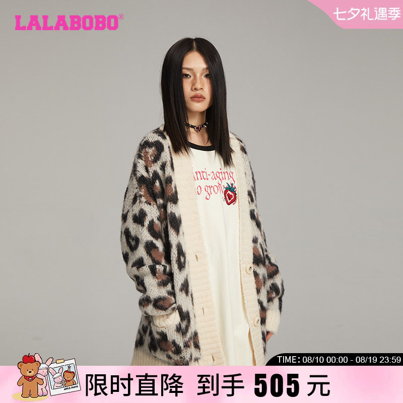 LALABOBO豹纹开襟毛织