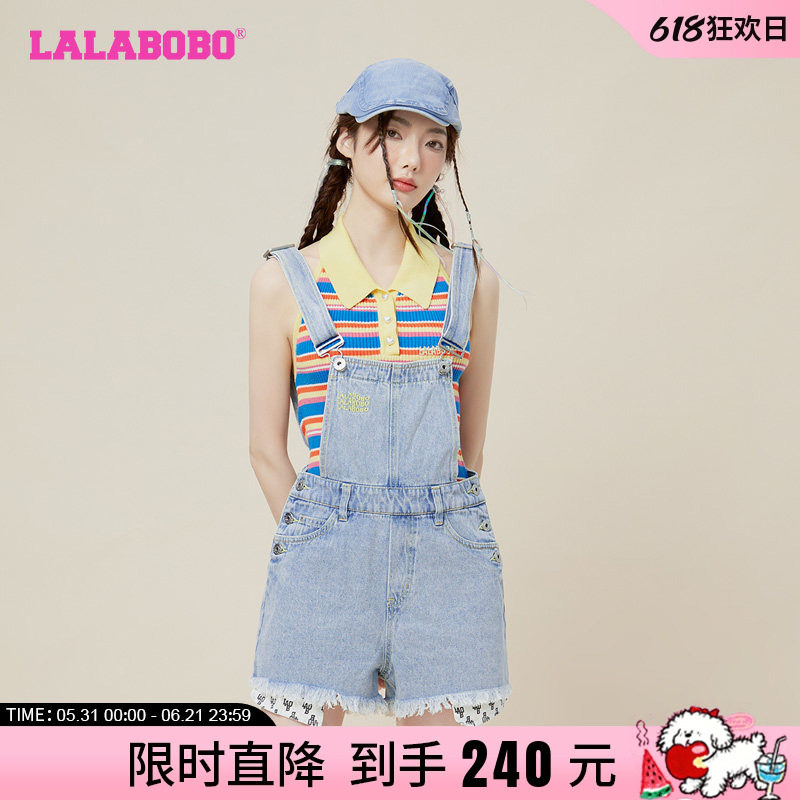 LALABOBO2023春夏新款甜系夏日海滨浅蓝牛仔背带短裤LBCB-WLZT12