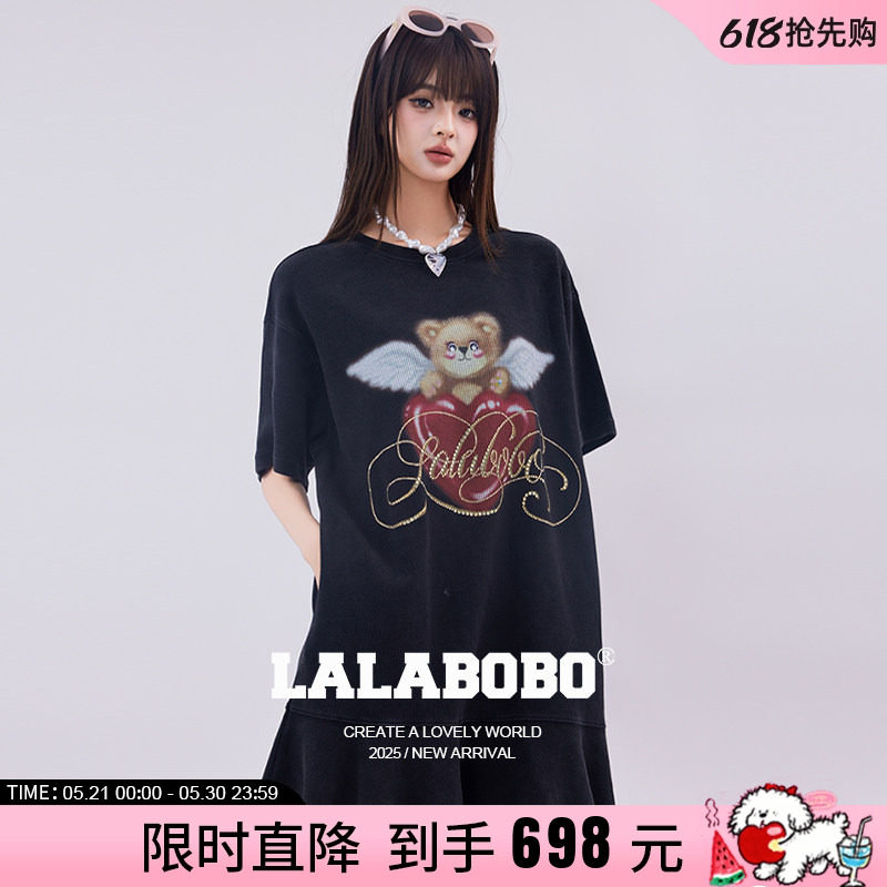 【商场同款】LALABOBO25年T恤连衣裙夏新款女原创潮短袖印花裙子
