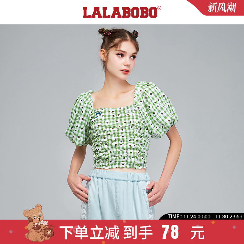 lalabobo复古小雏菊泡泡袖短上衣
