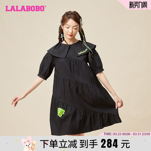 WLZY12 LBCB LALABOBO2023春夏新款 毛毛熊黑色翻领中长连衣裙女装
