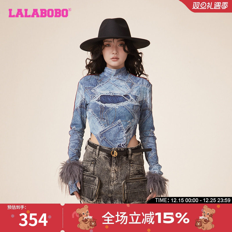 辣妹拼接休闲网纱高领长袖T恤女