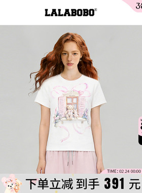 【商场同款】LALABOBO26年新款短袖可爱小熊印花白色修身正肩T恤