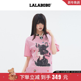 蝴蝶结小狗印花短袖 LALABOBO25年圆领T恤夏新款 上衣 商场同款