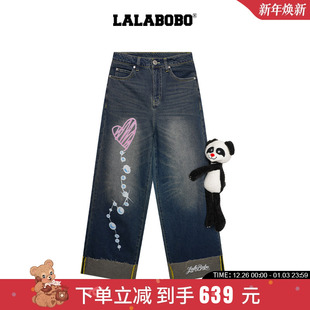 女玩偶熊美式 长裤 LALABOBO25年冬新款 印花直筒牛仔裤 商场同款