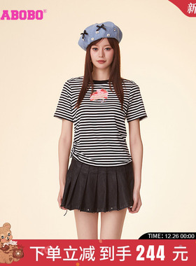 LALABOBO24夏季新款宽松休闲蛋糕黑白条纹短袖T恤女|CBDB-WSDT13