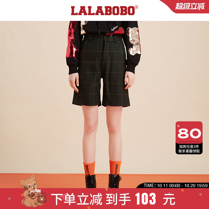 LALABOBO2023秋冬复古羊毛西装格纹高腰阔腿五分短裤女20D-WXZD11