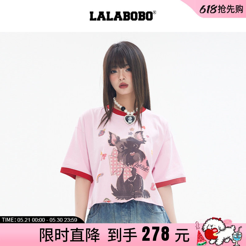 【商场同款】LALABOBO25年圆领短袖上衣夏新款女原创撞色印花T恤