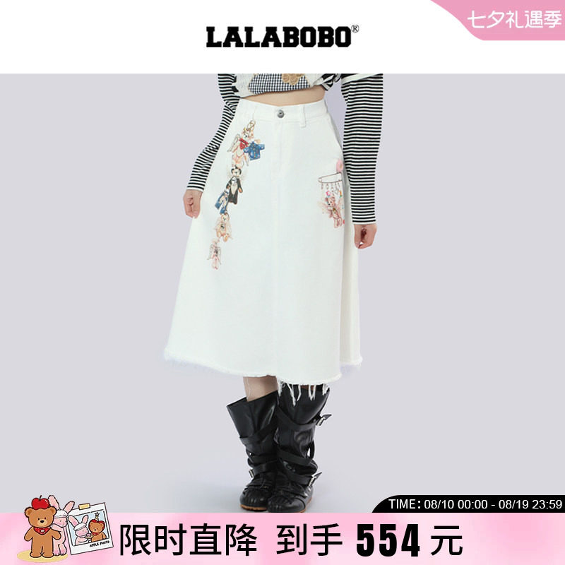 牛仔3D小熊印花白色A字半身裙