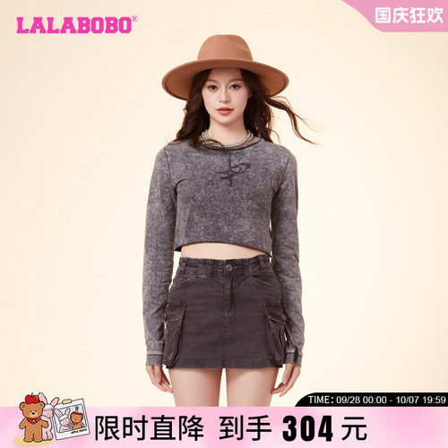 LALABOBO短款长袖T恤复古休闲