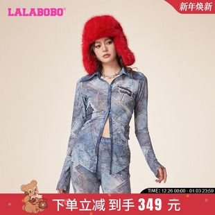 LBDA T恤 WSDT13 LALABOBO24春休闲废土风网纱翻领长袖 张慧贤同款