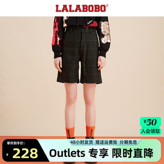 LALABOBO2023秋冬复古羊毛西装格纹高腰阔腿五分短裤女20D-WXZD11