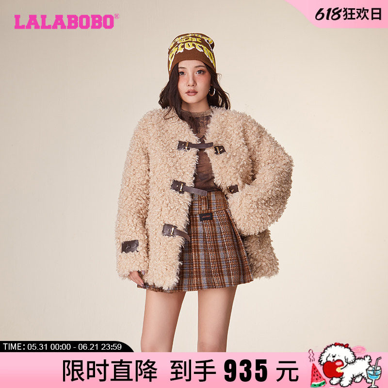 LALABOBO2023冬季新款休闲保暖牛角扣圆领毛绒外套女|LBCD-WSDR37