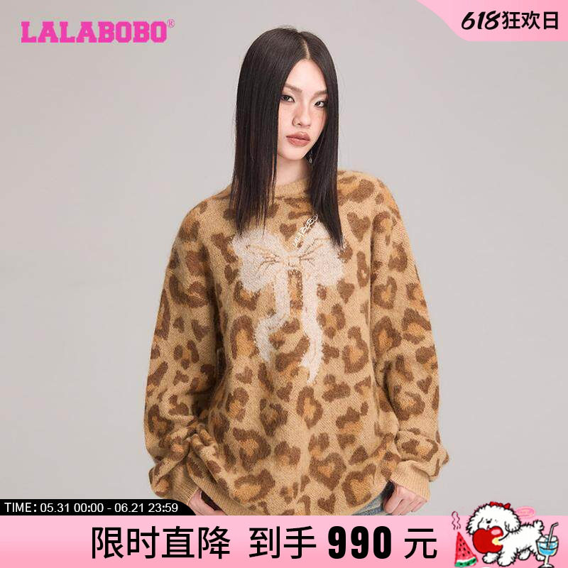【商场同款】LALABOBO24年秋季毛衣女原创新款潮牌豹纹圆领针织衫