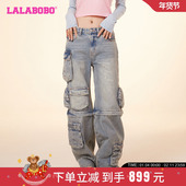 LALABOBO24春季 宽松复古直筒休闲裤 小熊工装 沈月同款 纯棉牛仔裤
