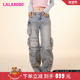 LALABOBO24春季 宽松复古直筒休闲裤 小熊工装 沈月同款 纯棉牛仔裤