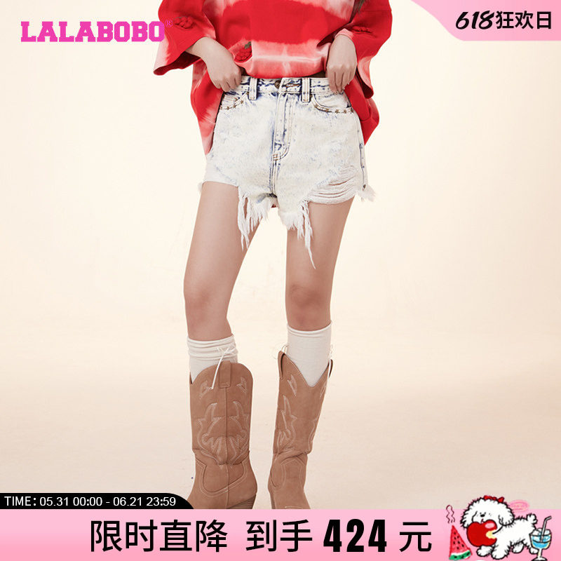 土耳其bossa面料 LALABOBO24春季新款复古休闲辣妹毛边牛仔短裤